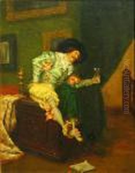 A Cavalier's Tipple Oil Painting by Ferdinand Victor Leon Roybet