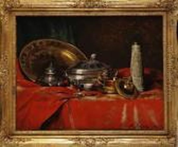 Pieces D'argenterie Sur Entablement Oil Painting by Ferdinand Victor Leon Roybet