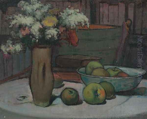 Flowers and Apples on a Round Table Oil Painting by Wladyslaw Slewinski