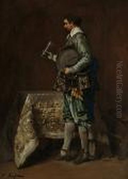 A Cavalier Holding A Glass By A Table Oil Painting by Ferdinand Victor Leon Roybet