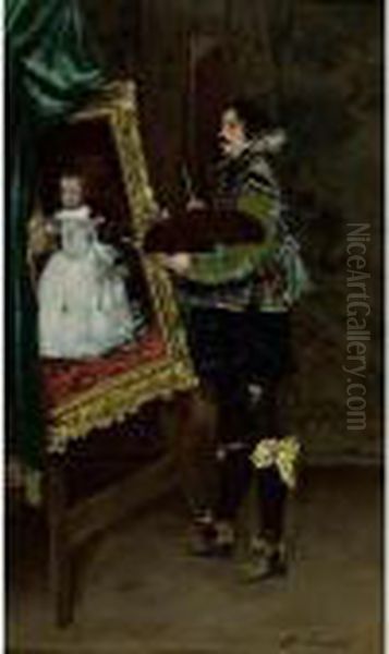 Velazquez Peignant L'infant Marguerite D'espagne Oil Painting by Ferdinand Victor Leon Roybet