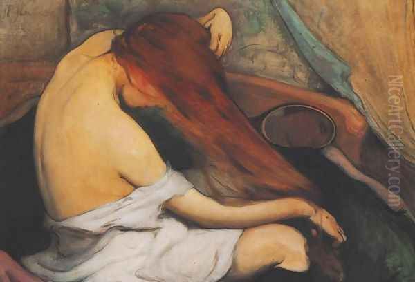 Woman Brushing her Hair Oil Painting by Wladyslaw Slewinski