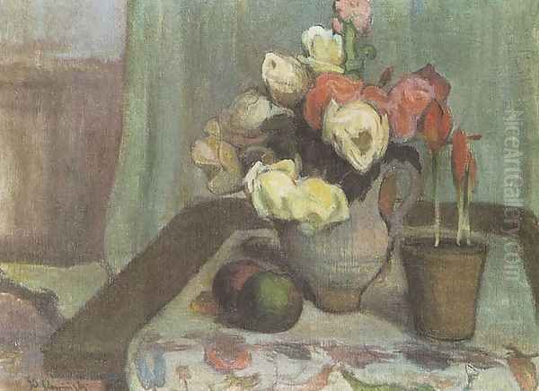 Still Life with a Vase of Flowers and a Pot of Tulips Oil Painting by Wladyslaw Slewinski