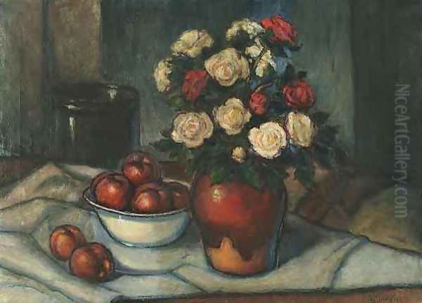 White and Red Roses in a Vase and Apples Oil Painting by Wladyslaw Slewinski