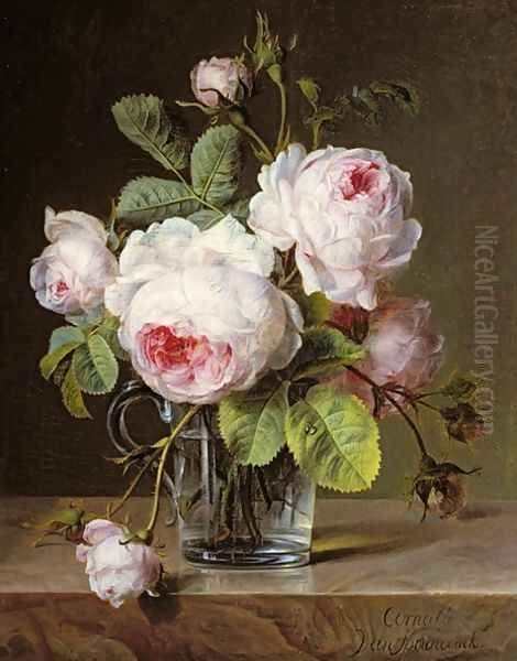 Roses in a Glass Vase on a Ledge Oil Painting by Cornelis van Spaendonck