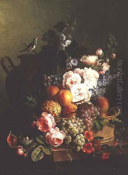 Still Life of Fruits and Flowers in a Wicker Basket on a Ledge. Oil Painting by Cornelis van Spaendonck