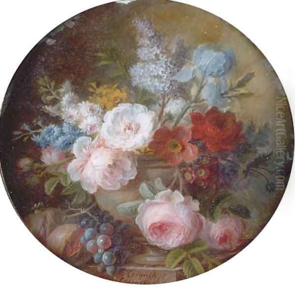 Cabbage rose, white rose, Austrian copper briar, peony, hyacinths, golden narcissus, lilac, pale iris, poppy anemone, auricula and opium poppy Oil Painting by Cornelis van Spaendonck