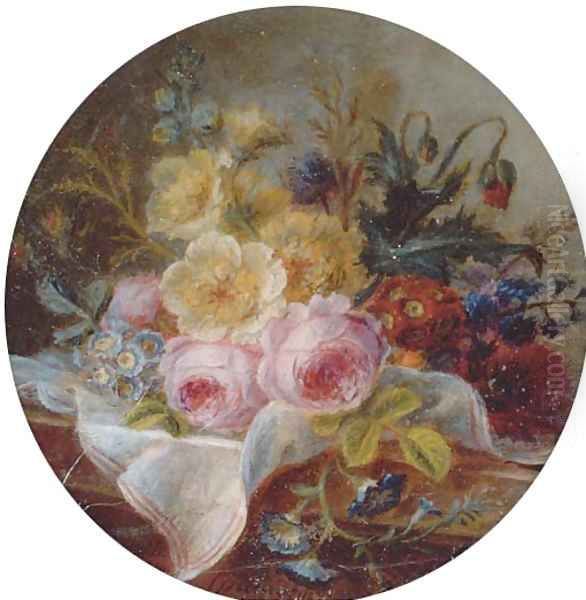 Cabbage rose, white rose, auriculas, hollyhock, opium poppy, hyacinths, marigold and small morning glory on a silk cloth on a marble ledge Oil Painting by Cornelis van Spaendonck