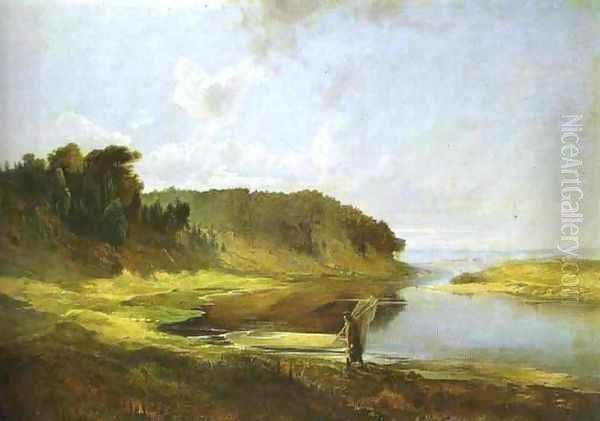 Landscape with River and Angler (1859) Oil Painting by Alexei Kondratyevich Savrasov