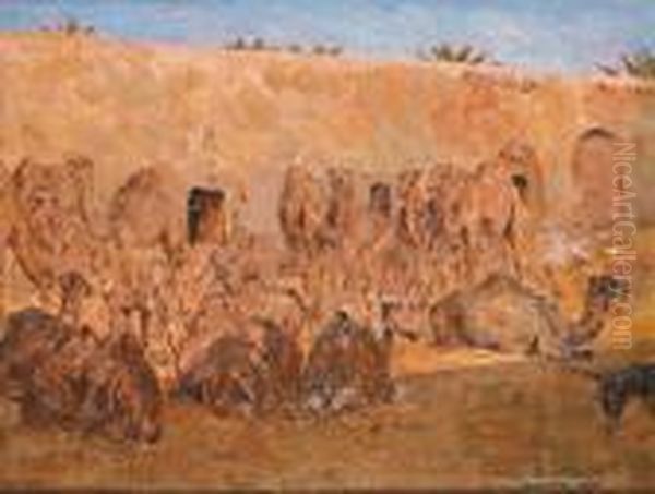 Ecole Russe 
Halte De Dromadaires A Biskra Oil Painting by Aleksandr Rubcov