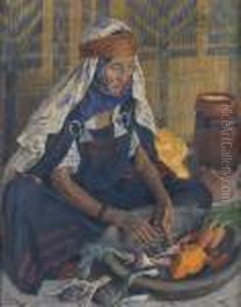 Vieille Femme Tunisienne Preparant Des Legumes Oil Painting by Aleksandr Rubcov