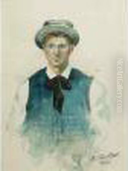 Autoportrait De L'artiste En Buste Portant Un Gilet Et Un Chapeaude Paille Oil Painting by Aleksandr Rubcov