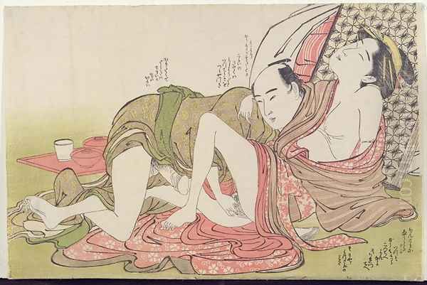 A Shunga erotic print lovers with a folded screen behind them, c.1785 Oil Painting by Yushido Shunsho