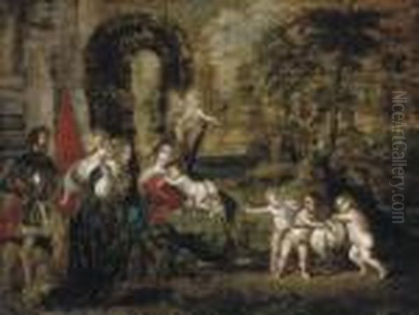 The Madonna And Child Attended 
By Saint George, Two Female Saints, Saint John The Baptist As An Infant 
With The Lamb And Angels, In A Wooded Landscape With Antique Ruins Oil Painting by Peter Paul Rubens