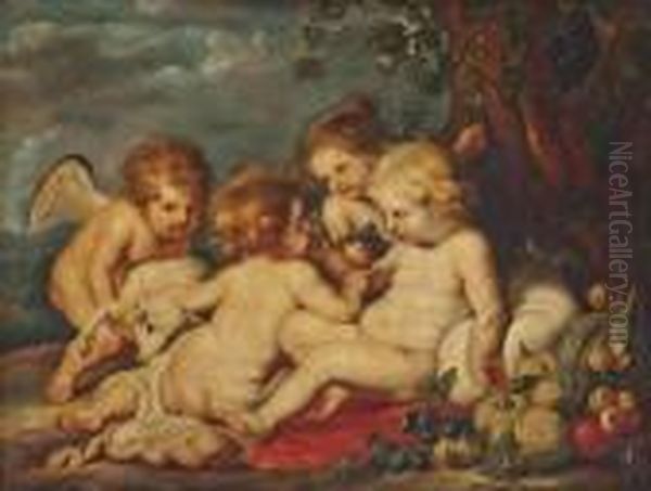 The Christ Child And The Infant Saint John The Baptist With Putti In A Wooded Clearing Oil Painting by Peter Paul Rubens