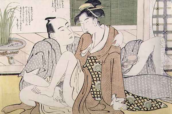 A Shunga erotic print a man pleasures his female lover, c.1785 Oil Painting by Yushido Shunsho