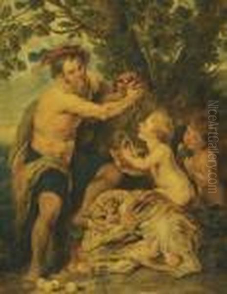 A Drinking Man With Putti And A Tiger Oil Painting by Peter Paul Rubens