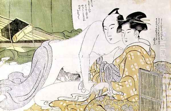 A Shunga erotic print lovers in a tent, c.1785 Oil Painting by Yushido Shunsho