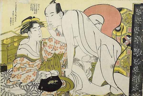 Lovers with hand to mouth, c.1785 Oil Painting by Yushido Shunsho