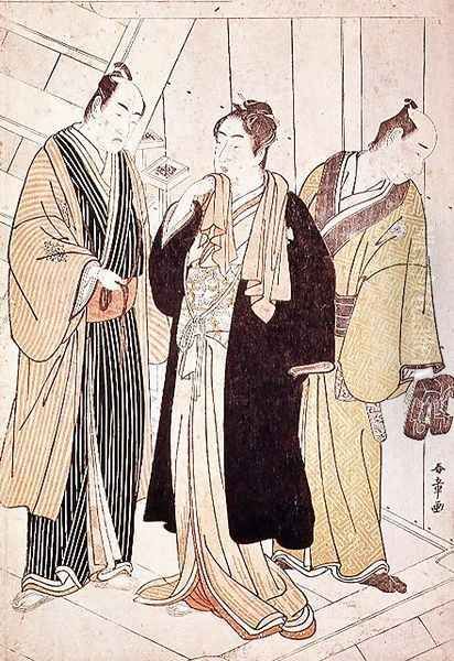 Two Actors Arriving Backstage, before 1785 Oil Painting by Yushido Shunsho