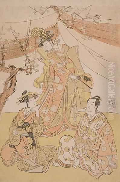 Three Actors in a Scene from Snow-Covered Bamboo Genji in Long Sleeves, 1785 Oil Painting by Yushido Shunsho