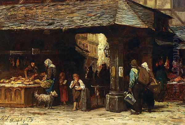 A Market Scene In Frankfurt Oil Painting by Philippe Lodowyck Jacob Sadee