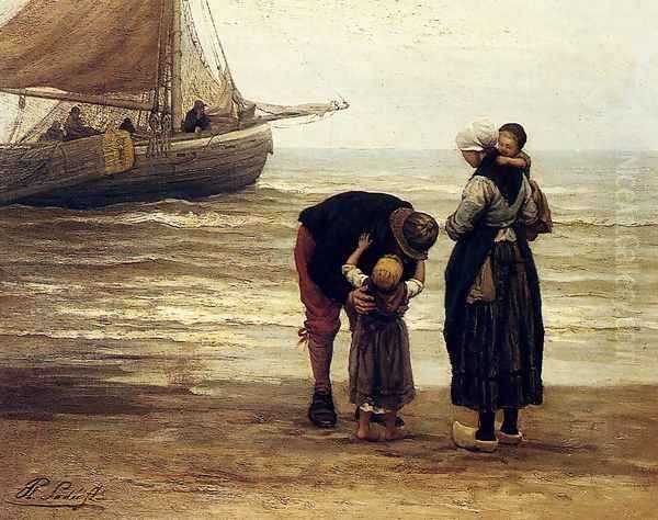 A Fisherman's Goodbye Oil Painting by Philippe Lodowyck Jacob Sadee