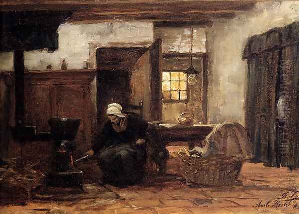 Lighting The Stove Oil Painting by Philippe Lodowyck Jacob Sadee