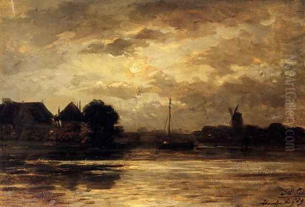 View Of The Spaarne, Haarlem, By Moonlight Oil Painting by Philippe Lodowyck Jacob Sadee