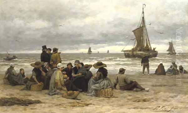 The arrival of the fleet fisher-folk on the beach Oil Painting by Philippe Lodowyck Jacob Sadee