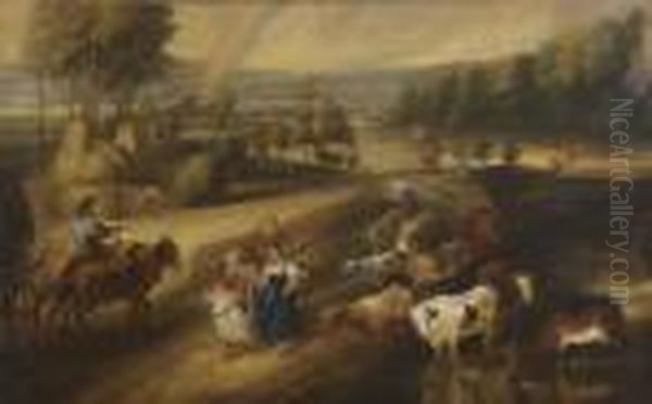 Drovers And Rainbow In A Flemish Landscape Oil Painting by Peter Paul Rubens