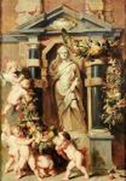 A Statue Of Ceres In A Niche Surrounded By Putti With Swags Of Fruit Oil Painting by Peter Paul Rubens