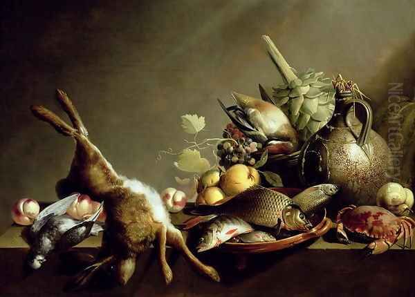 A Still Life with an Earthenware Jug and Hare Oil Painting by Harmen van Steenwyck