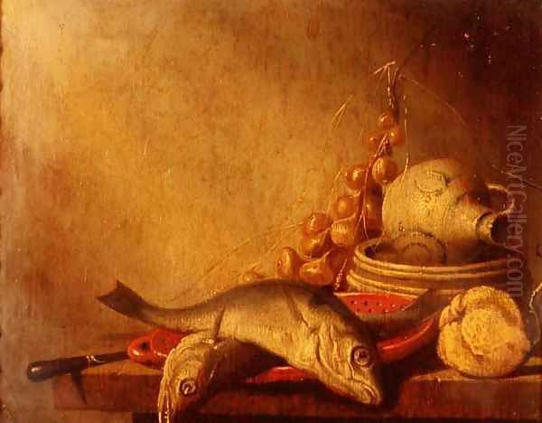 A pan of fish, a stoneware jug, onions and fruit Oil Painting by Harmen van Steenwyck