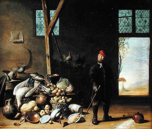 Peasant in an Interior or, Kitchen with a Still Life Oil Painting by Harmen van Steenwyck