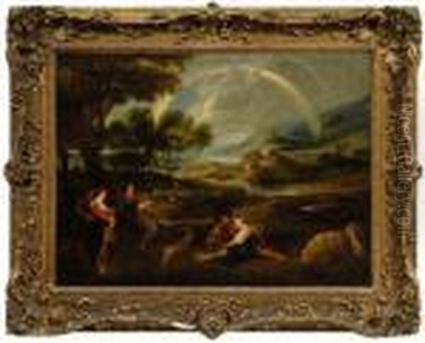 Pastoral Landscape With Peasants In A Field With Sheep, Dog, Distant Double Rainbow Oil Painting by Peter Paul Rubens