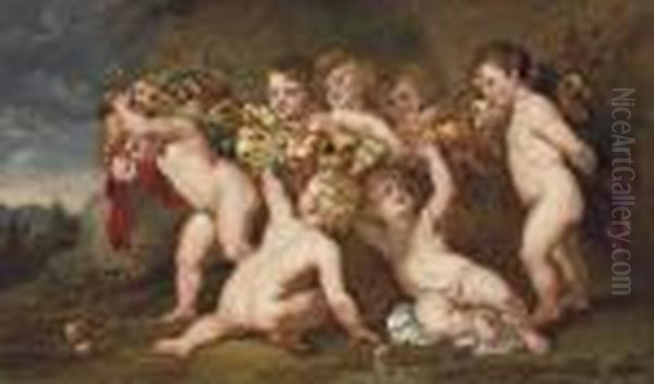 Putti Carrying A Garland Of Fruit Oil Painting by Peter Paul Rubens