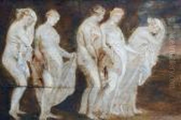 Study Of Five Figures Before A Landscape Oil Painting by Peter Paul Rubens