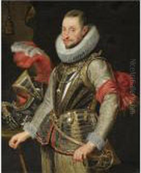 Portrait Of General Ambrogio 
Spinola (1569-1630), Standing Half-length, Wearing A Gold Embroidered 
Doublet, With A Breastplate And The Order Of The Golden Fleece, Next To A
 Helmet Oil Painting by Peter Paul Rubens