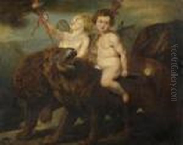 Putti Auf Lowen. Oil Painting by Peter Paul Rubens