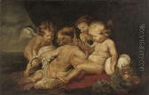 The Infant Christ And The Infant Saint John The Baptist With Two Putti In A Landscape Oil Painting by Peter Paul Rubens