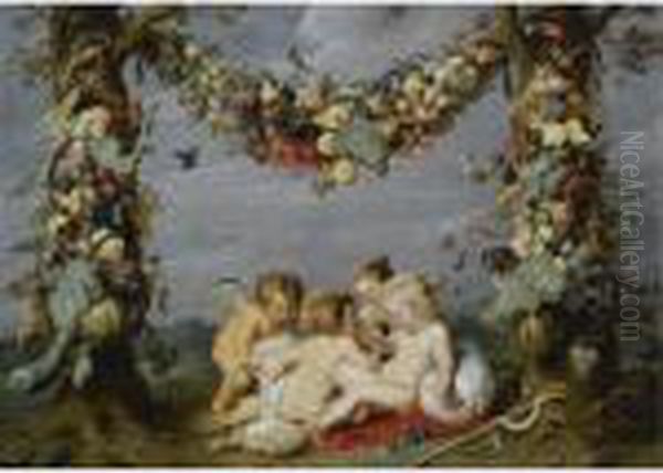 A Garland Of Fruit With The Infants Christ And Saint John The Baptist Playing Oil Painting by Peter Paul Rubens