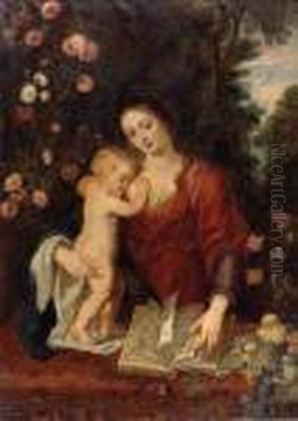 Madonna Mit Kind Und Buch In Rosen Und Landschaft Oil Painting by Peter Paul Rubens