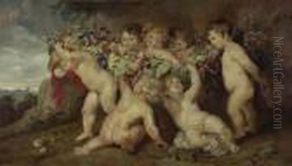 Putti Mit Blumengirlande. Oil Painting by Peter Paul Rubens