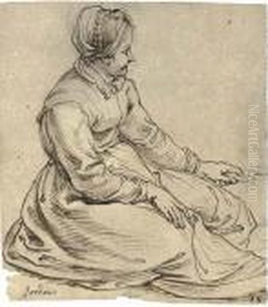 A Seated Girl Wearing A Cap, In Profile To The Right, Turning A Spit Oil Painting by Peter Paul Rubens