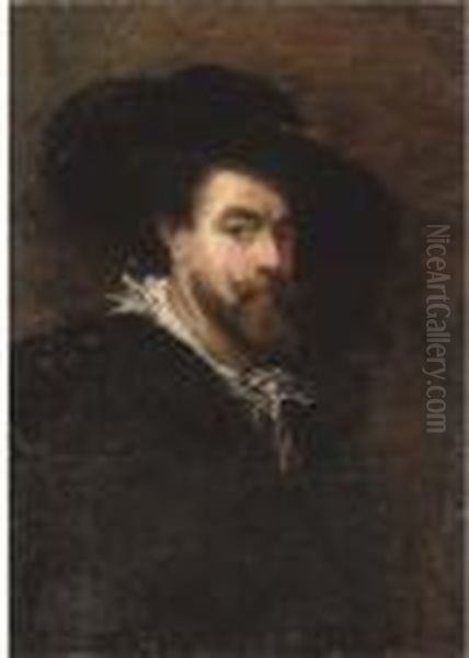 Portrait Of The Artist, Half-length, Wearing A Black Hat Oil Painting by Peter Paul Rubens