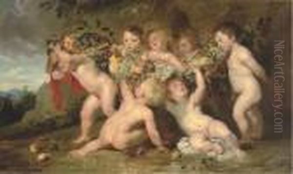 Putti Carrying A Swag Of Fruit In A Landscape Oil Painting by Peter Paul Rubens