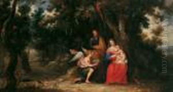 Umkreis Die Rast Der Heiligen 
Familie Auf Der Flucht Nach Agypten. Ol Auf Leinwand . H 60; B 110 Cm. 
Die Landschaft Und Tiere In Der Art Von J. Breughel D.a Oil Painting by Peter Paul Rubens