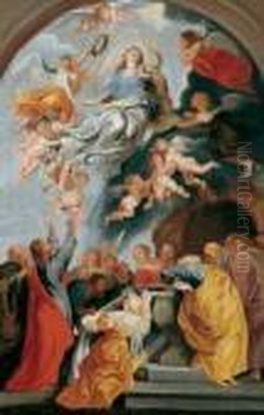 Nachfolge Die Himmelfahrt 
Mariens. Ol Auf Leinwand. H 107; B 69 Cm. Kleinformatige Wiederholung 
Des Hochaltargemaldes Der Liebfrauenkirche Zu Antwerpen Oil Painting by Peter Paul Rubens