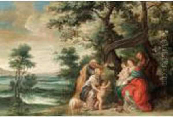 The Holy Family Receiving The Visit Of St. John The Baptist In An Extensive Landscape Oil Painting by Peter Paul Rubens